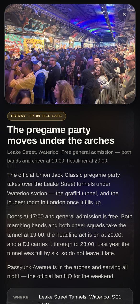 The pregame party story, with time, place and directions