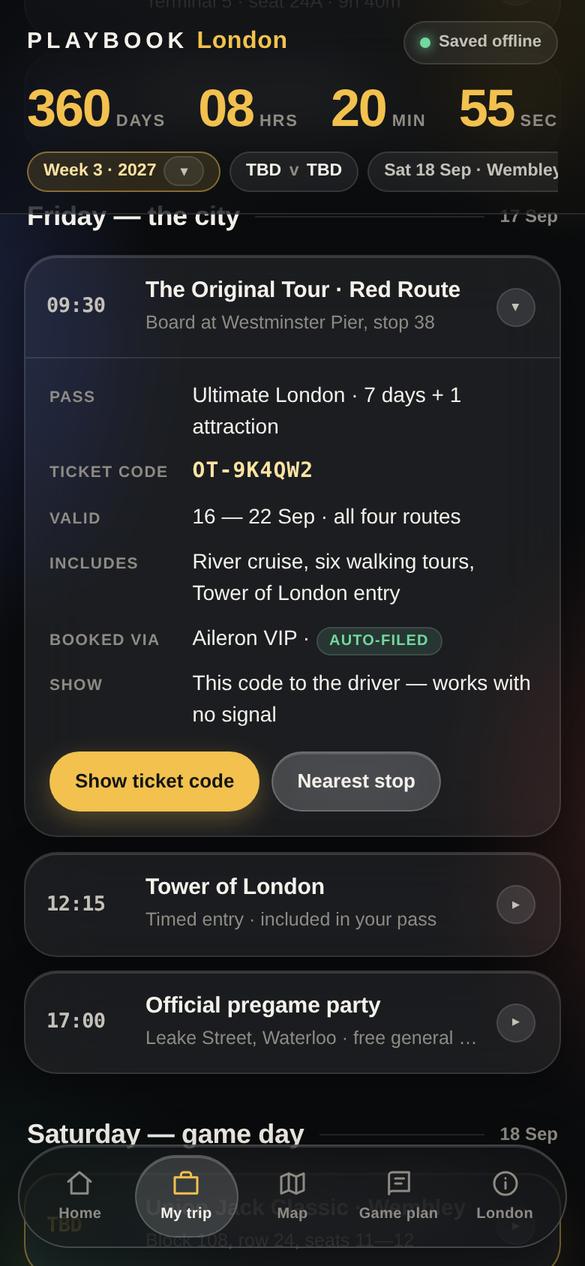 A tour booking open in Playbook showing the ticket code, working offline